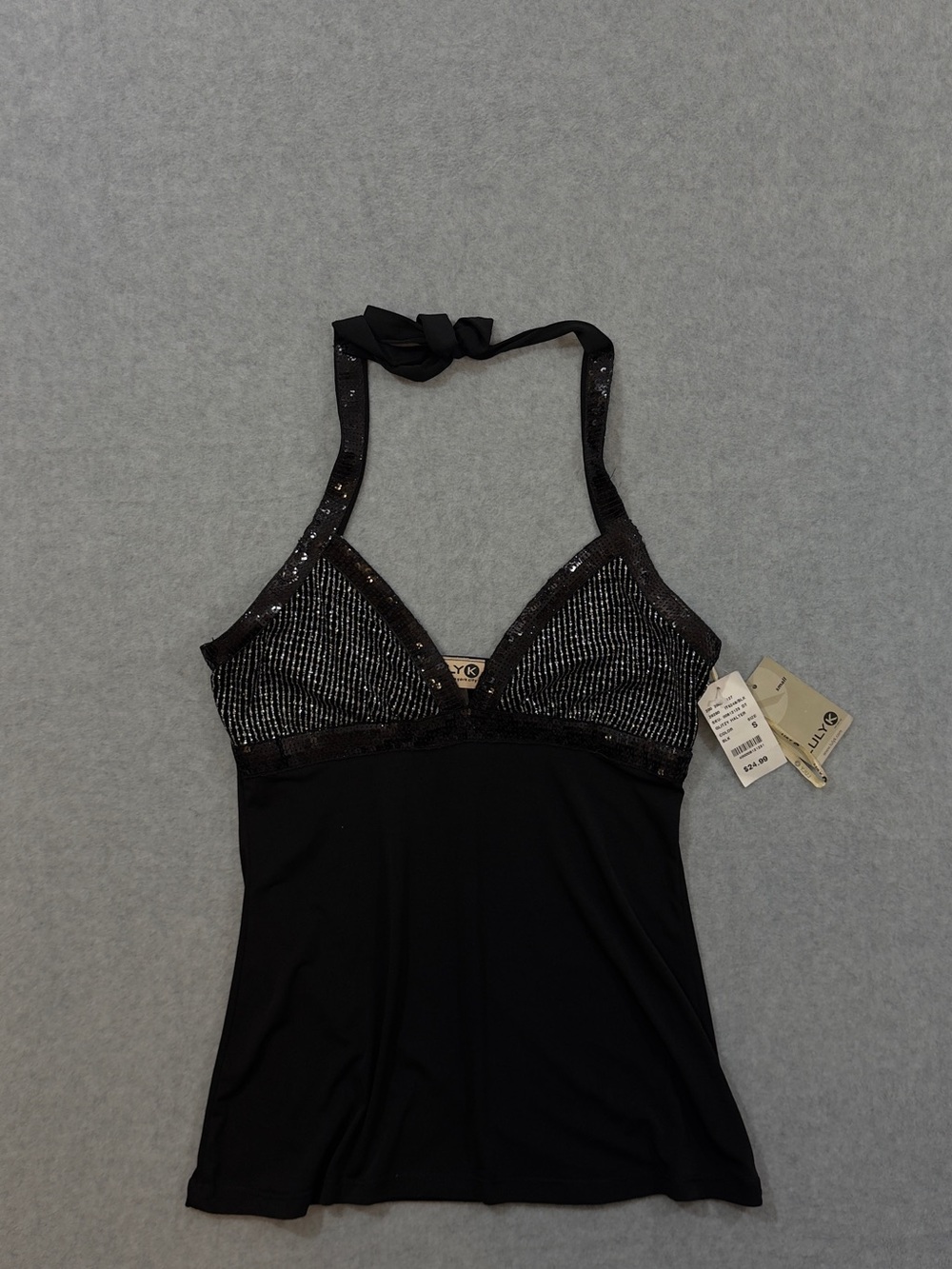 LULY K Y2K Black Glitter Sequin Halter Top Size Small